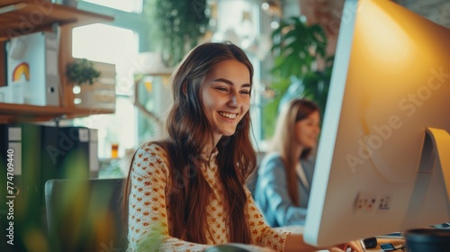Portrait of happy young businesswoman sitting at computer desk in office © Ruslan Gilmanshin