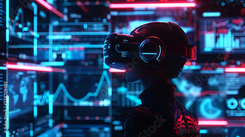A girl wearing virtual reality glasses surrounded by a holographic screen and streams of digital data.