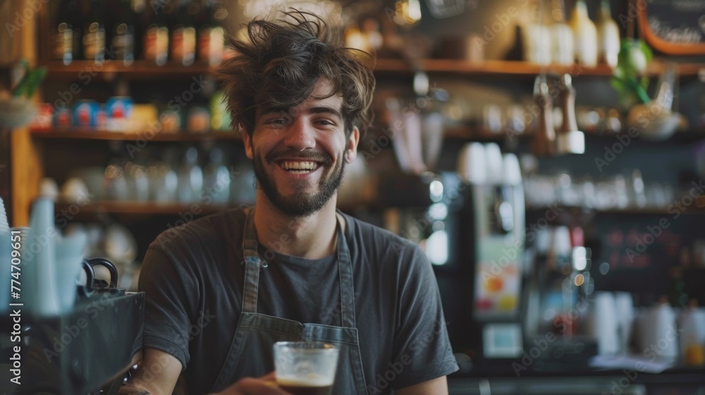 A man in a bar holding up his beer and smiling, AI