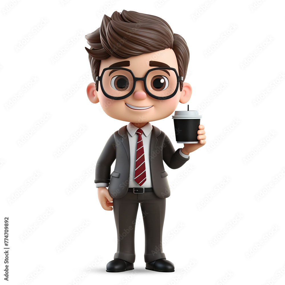 3d cute young businessman with cup coffee