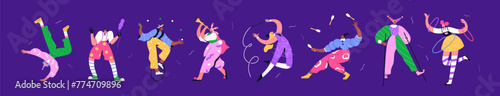 Carnival and circus acrobats, clowns, jugglers and jesters set. Harlequins, jokers, funny artists, comic actors, gymnasts, comedians performing on stilts, unicycle, juggling. Flat vector illustration photo