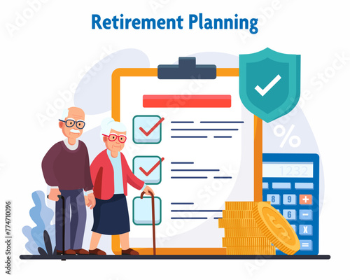 Elderly couple, pensioners are standing next to a calculator, piggy bank and money stack retired planning report investment in retirement mutual fund vector illustration