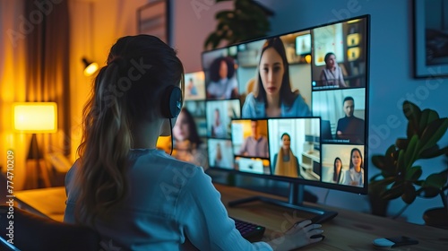 Virtual Meeting Video Conference. A woman sits confidently at her desk  immersed in a virtual meeting  bringing together her team for a video conference.