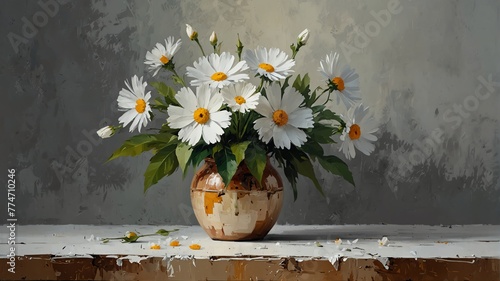 white theme still life flowers on table abstract oil pallet knife paint painting on canvas large brush strokes art illustration background from Generative AI photo