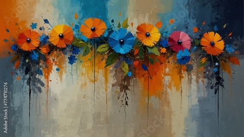 amber orange to sapphire blue theme still life flowers on table abstract oil pallet knife paint painting on canvas large brush strokes art illustration background from Generative AI © SevenThreeSky