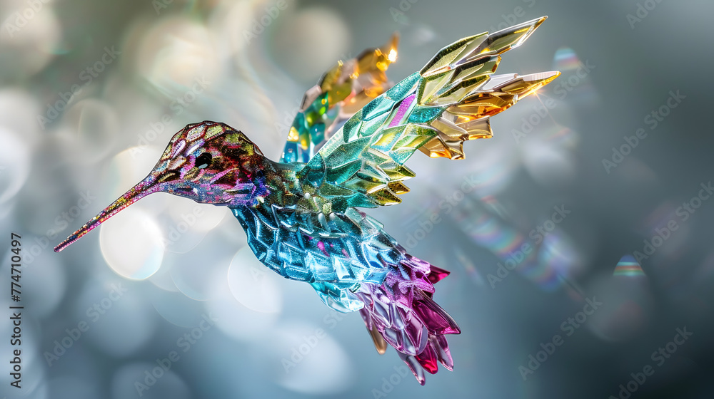 An intricate blown glass sculpture of a life-size hummingbird trapped in mid-flight