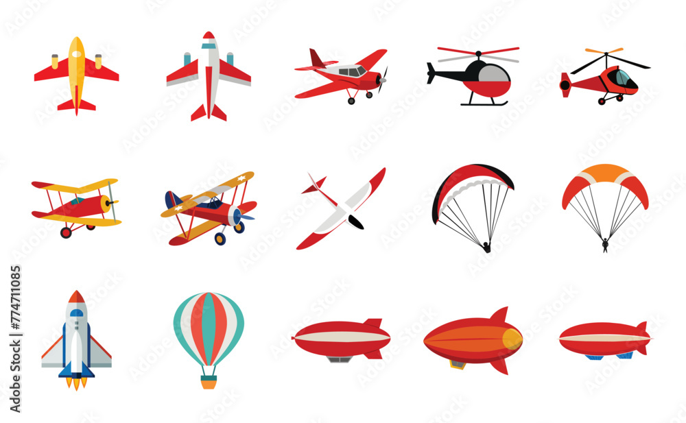 Air transport flat icons illustration in cartoon. Cute airplane ...