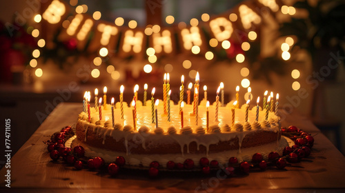 An ultra-HD depiction of a birthday cake, its candles casting a glow that illuminates the backdrop of garlands and letters arranged to celebrate the moment, creating a tableau of light and joy.