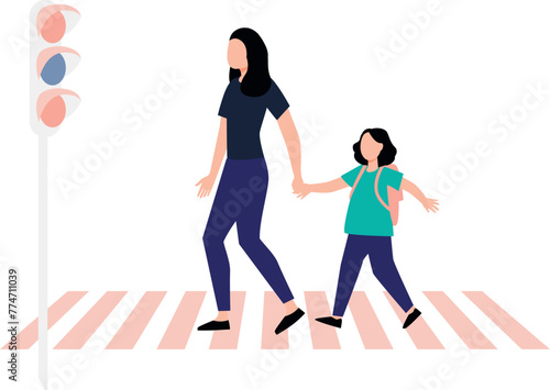 Mother and daughter are crossing the road.