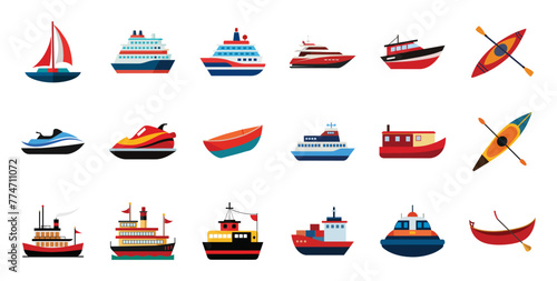 Water transport flat icons illustration in cartoon. Cute boat, luxury yacht, cargo ship, ferry, catamaran, jetski vector clipart for nautical vehicle.
