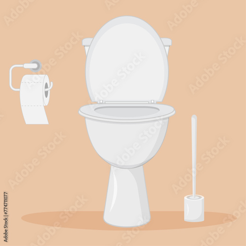 White ceramic toilet bowl with brush and toilet paper. Vector illustration