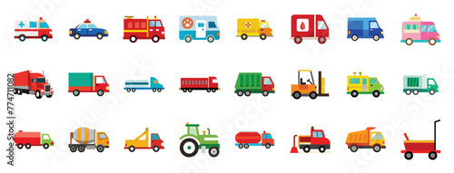 Commercial transport flat icons illustration in cartoon. Cute ambulance, police, firetruck, delivery van,  semi truck, trailer, cargo, dumptruck, forklift vector style clipart for vehicle.
