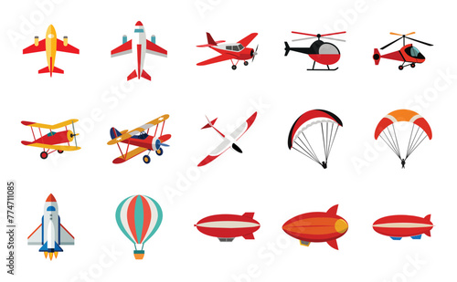 Air transport flat icons illustration in cartoon. Cute airplane, private plane, helicopter, biplane, glider, paraglider, rocket, hot balloon, zeppelin vector clipart for vehicle.