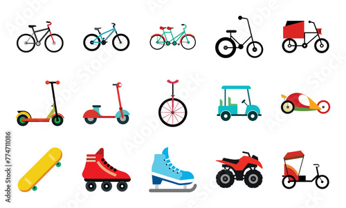 Personal transport flat icons illustration in cartoon. Cute bicycle, moped, golf cart, roler skates, skateboard, rickshaw vector clipart for vehicle.