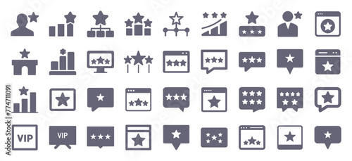 Star rating glyph flat icons. Vector solid pictogram set included icon as customer satisfaction feedback, reputation, favorite, loyalty, review silhouette illustration for infographic.