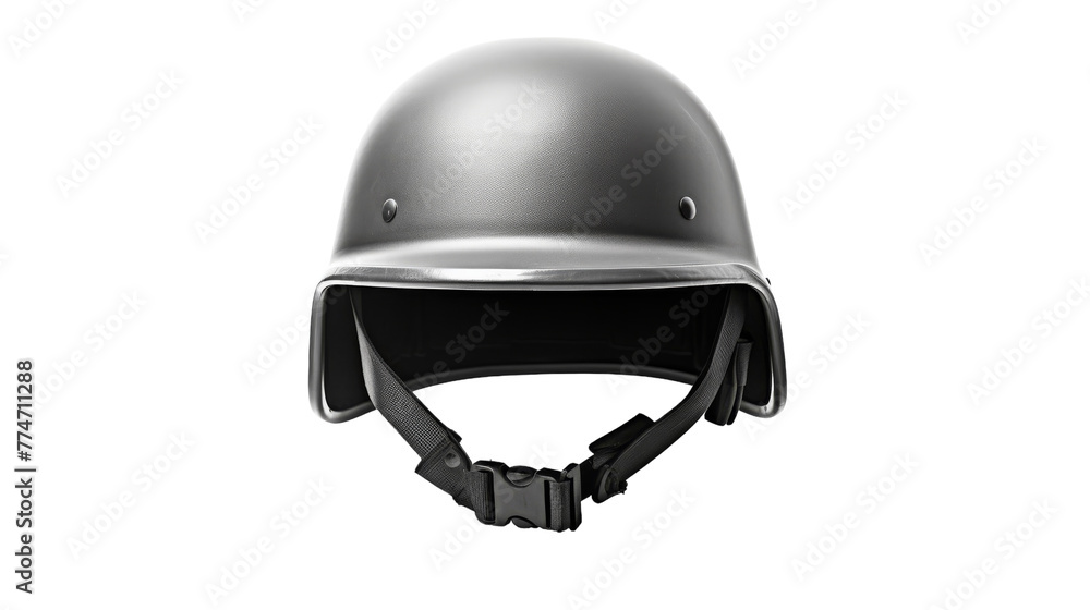 Naklejka premium A gleaming silver helmet, symbol of strength and protection, stands boldly against a pristine white background