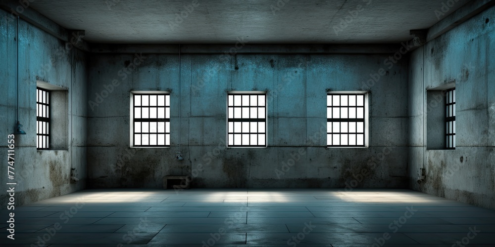A large empty room with three windows. The windows are all closed and the room is very dark A large empty room with three windows. The windows are all closed and the room is very dark