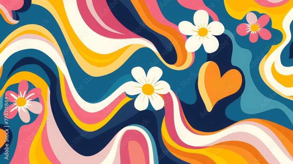 Groovy hippie 70s backgrounds,  Swirl, Twirl, Pattern, Heart, Daisy, Flower, Twisted, Distorted, Vector, Texture, Retro, Psychedelic, Trendy, Vibrant, Colorful, Trippy, Groove, Funky, 16:9