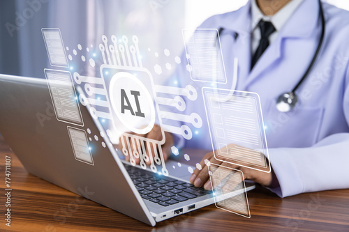 Doctor using technology AI artificial intelligence for document management system concept.