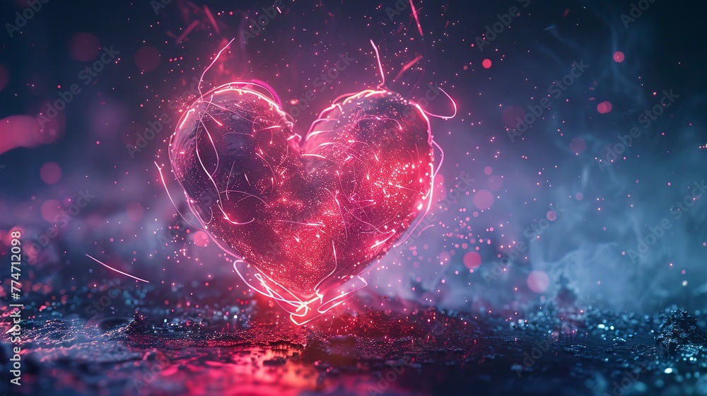 Heart symbol, love, abstract neon background. - obrazy, fototapety, plakaty 