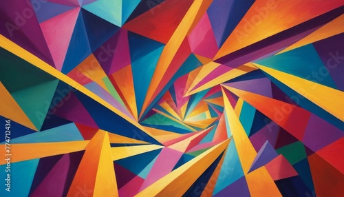 Dynamic abstract painting featuring a kaleidoscope of geometric shapes in vivid colors that converge in a striking central point, ideal for modern design.. AI Generation