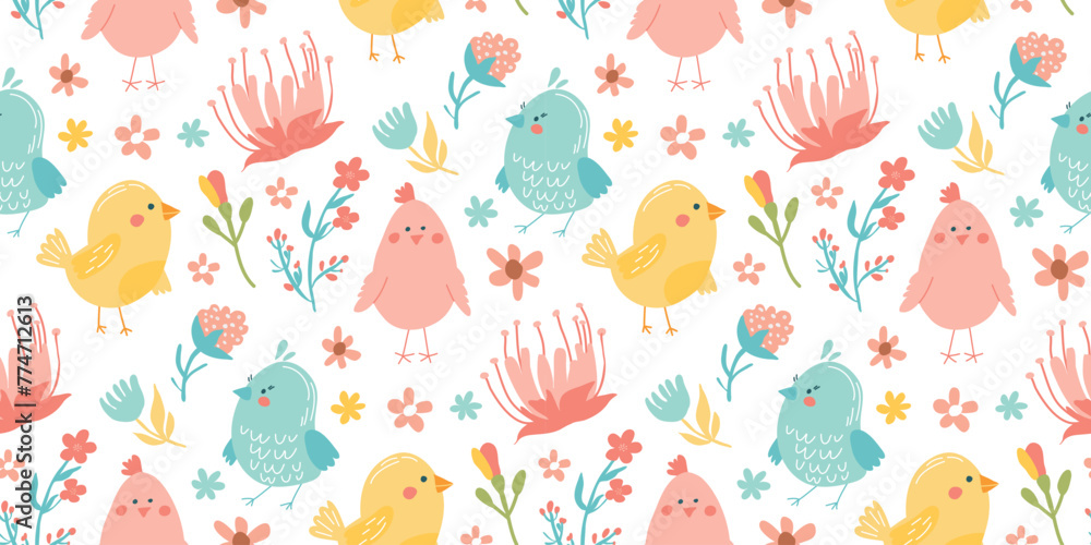 Seamless floral pattern with birds. Hand drawn background Seamless floral pattern with birds. Hand drawn background