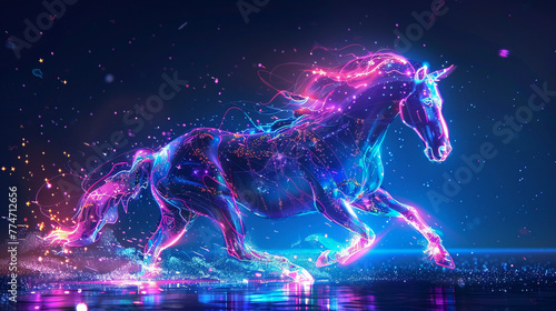 Running horse, abstract neon background.