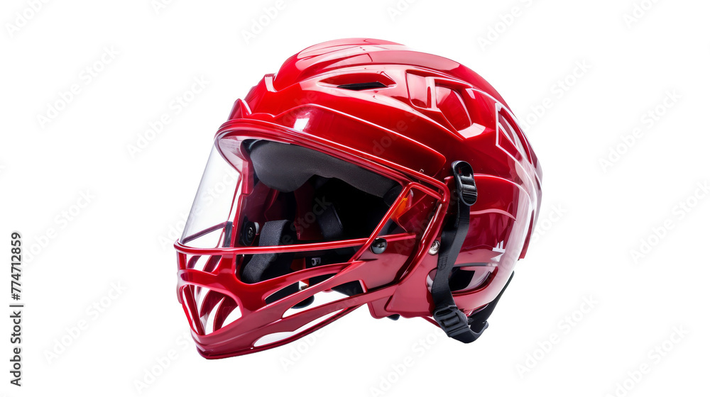 Fototapeta premium A vibrant red helmet stands boldly against a pristine white backdrop