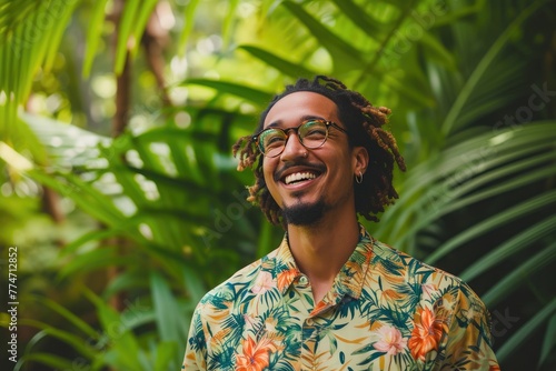 Radiant Mixed Heritage Model, Age 30, Amid Lush Foliage