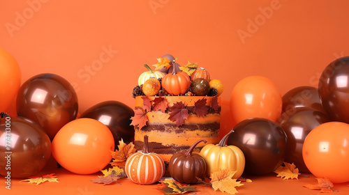 An autumn harvest themed birthday cake with edible leaves and pumpkins, surrounded by orange and brown balloons on a solid autumn orange background.