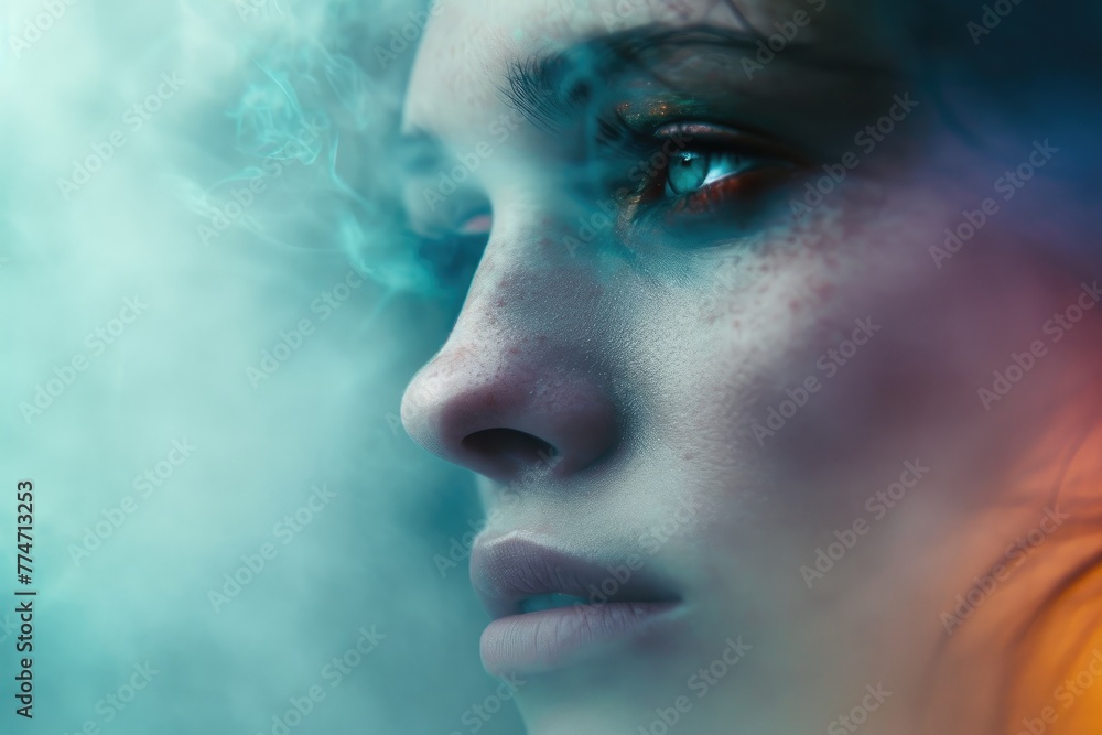 Mystical Vision: Undefined Woman Lost in Colorful Mist Mystical Vision: Undefined Woman Lost in Colorful Mist
