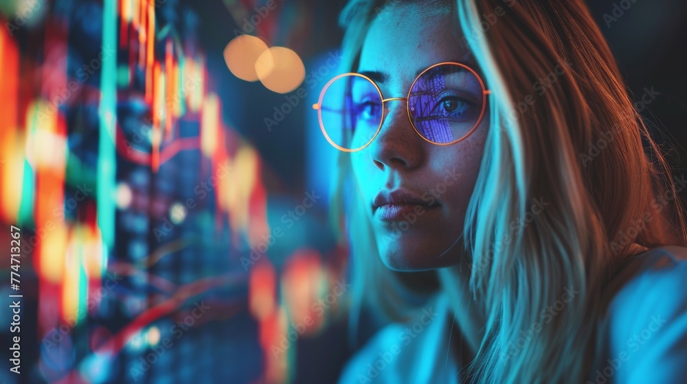 A woman wearing glasses looking at a screen with colorful lights, AI A woman wearing glasses looking at a screen with colorful lights, AI