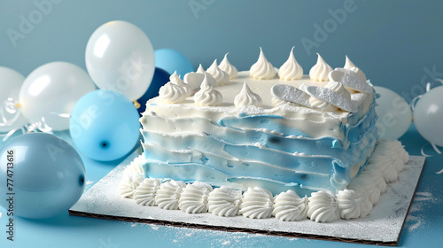 A winter ski resort themed birthday cake with white and icy blue icing, resembling snow and ski tracks, next to white and blue balloons on a solid frosty blue background.