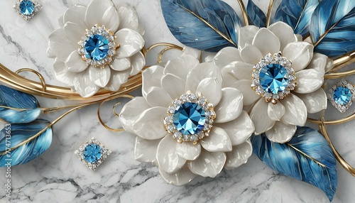 Floral Extravaganza: 3D White Flowers and Blue Diamond Wallpaper
