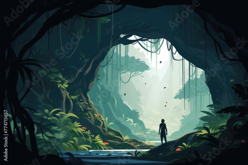 lost person in natural cave in tropical jungle illustration