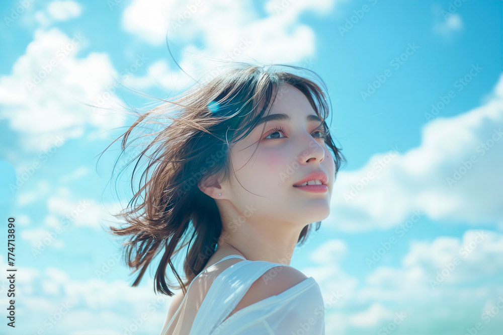 爽やかな風と青空と若い女性 爽やかな風と青空と若い女性