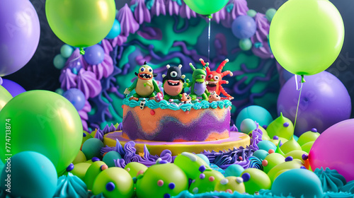 A whimsical under-the-bed monsters themed birthday cake with vibrant colors and edible monster figures, surrounded by neon green and purple balloons on a solid monster hideout background.