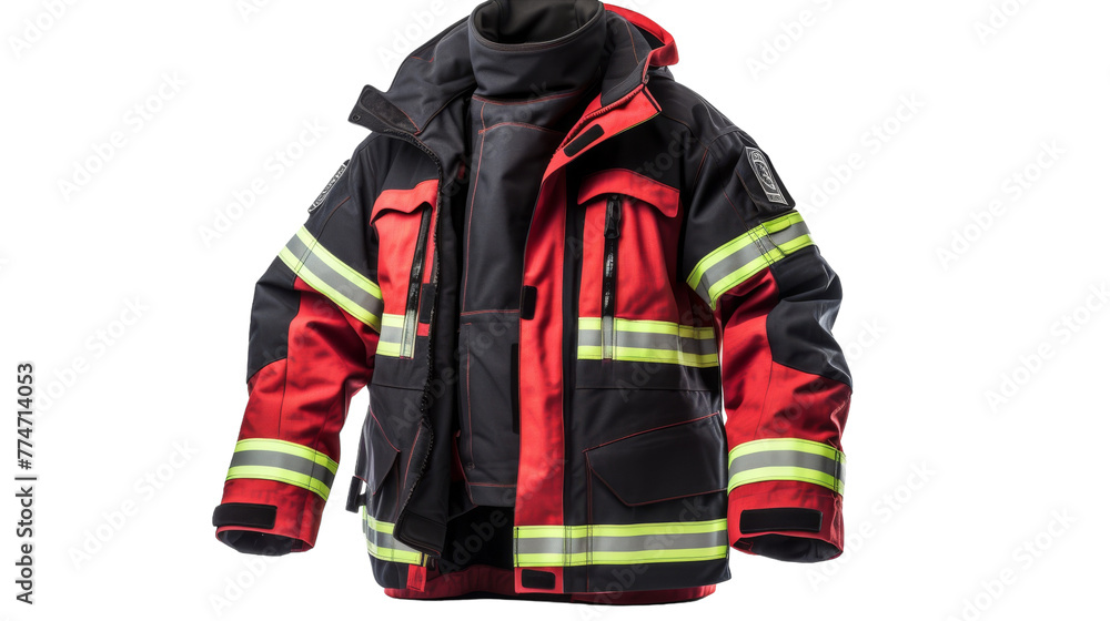 A firefighters jacket, symbol of bravery and protection, displayed against a pure white background A firefighters jacket, symbol of bravery and protection, displayed against a pure white background