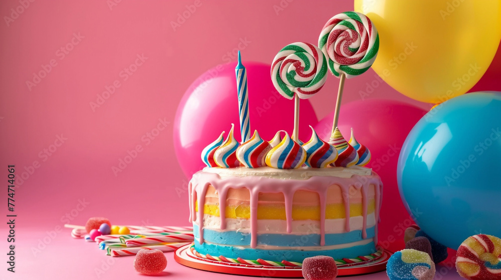 A whimsical candy land themed birthday cake with bright colors and edible candies and lollipops, next to multicolored balloons on a solid candy pink background. - obrazy, fototapety, plakaty 