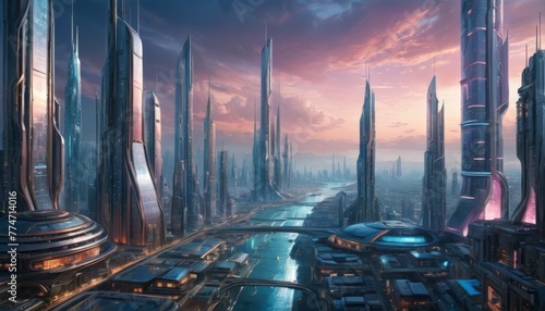 A sprawling  ultramodern cityscape at dusk  its towering skyscrapers bathed in the glow of a setting sun  reflecting innovation and future possibilities.. AI Generation