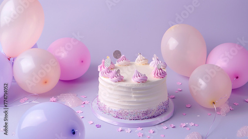 A whimsical fairy-tale inspired birthday cake with pastel fondant and edible glitter, surrounded by light pink and lavender balloons on a solid lilac background.