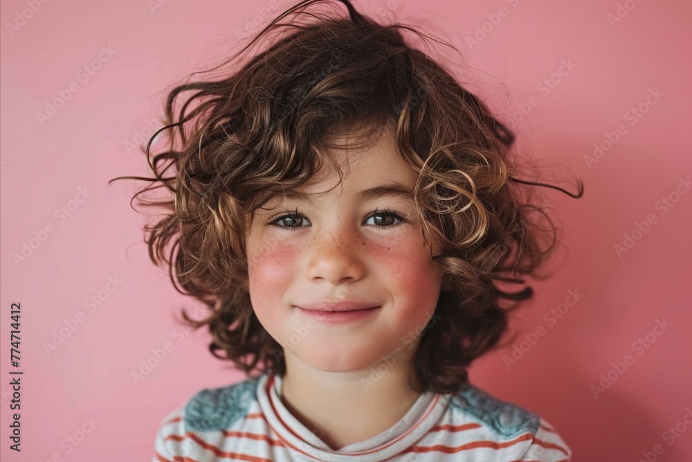 Portrait of a cute little boy with curly hair on a pink background Portrait of a cute little boy with curly hair on a pink background
