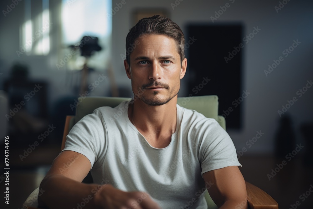 Modern Comfort: Young Adult in T-Shirt and Jeans on Chair Modern Comfort: Young Adult in T-Shirt and Jeans on Chair