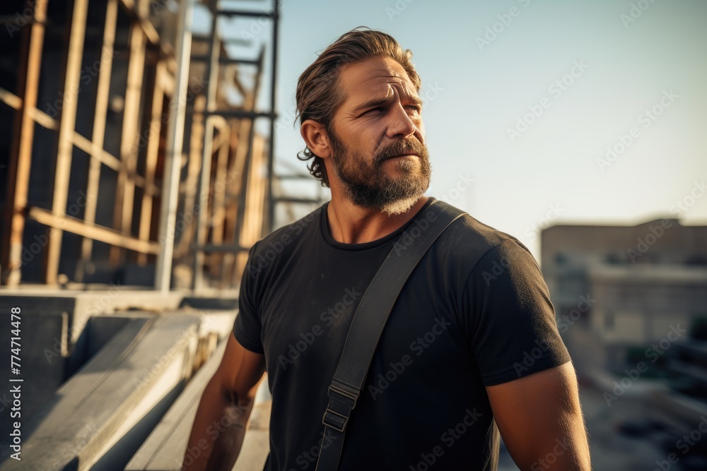 Fototapeta premium Modern Professional at Construction Site: Brown-Haired Man