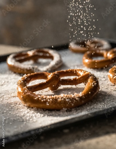 Golden brown pretzels sprinkled with coarse salt, fresh out of the oven on a baking sheet, showcasing the shine of the glaze and the perfect twist of the dough.