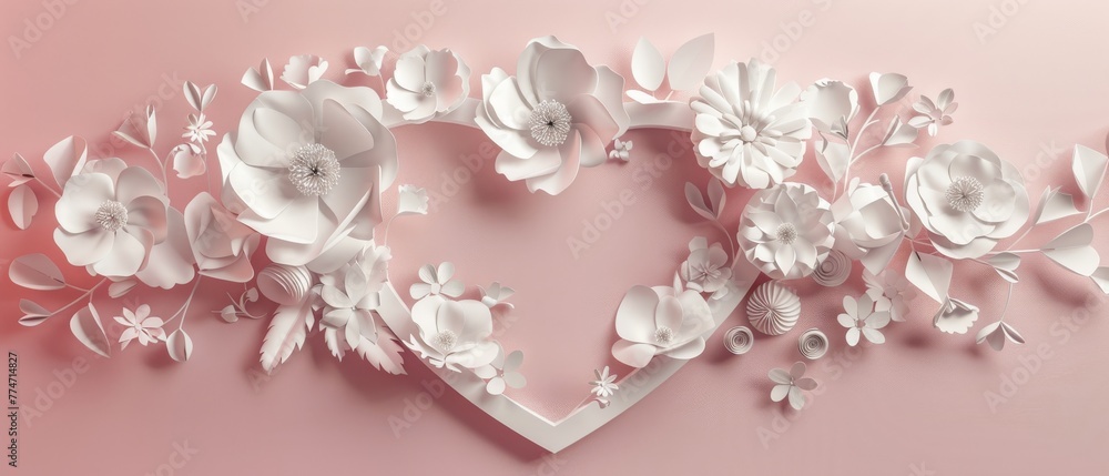 An illustration of white paper flowers, blush pink wall decor, floral background, a bridal bouquet, wedding, quilling, Valentine's greeting card, a heart shape and 3D rendering An illustration of white paper flowers, blush pink wall decor, floral background, a bridal bouquet, wedding, quilling, Valentine's greeting card, a heart shape and 3D rendering