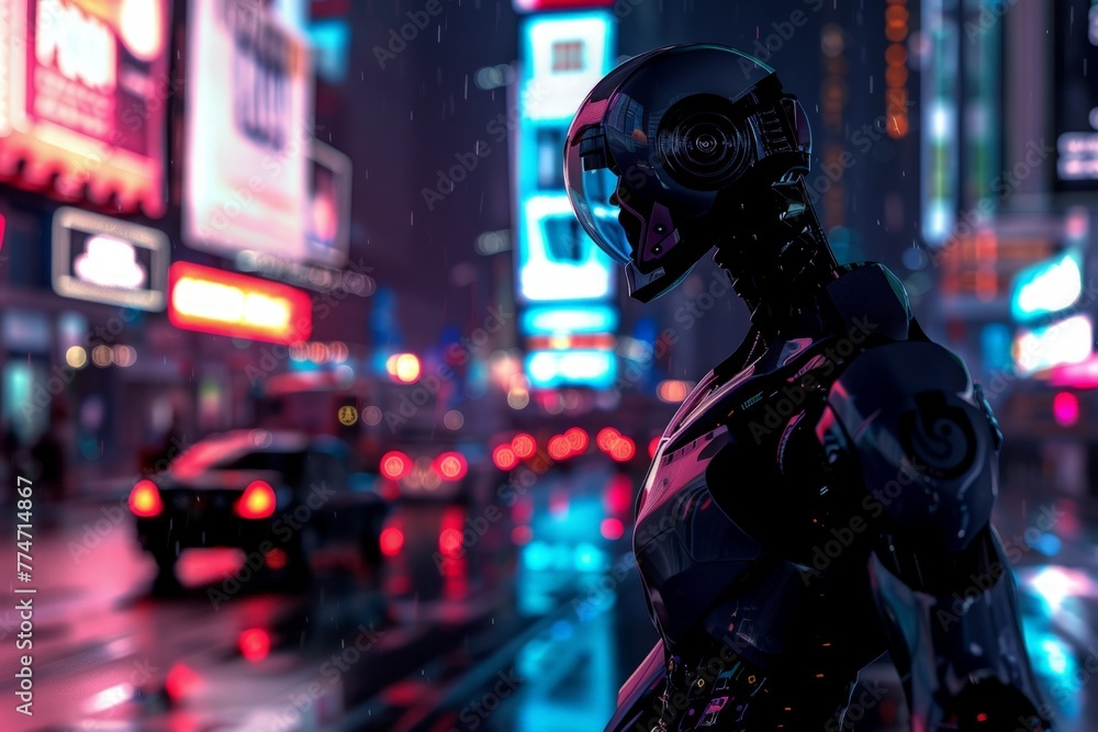 Futuristic robot in urban landscape at night, neon lights, artificial intelligence in city life. soft focus Futuristic robot in urban landscape at night, neon lights, artificial intelligence in city life. soft focus