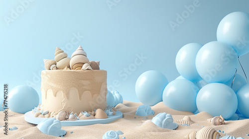 A summer beach-themed birthday cake with sand-textured icing and edible seashells, surrounded by light blue and sandy balloons on a solid light blue background.