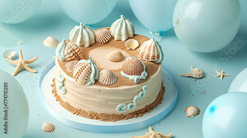 A summer beach-themed birthday cake with sand-textured icing and edible seashells, surrounded by light blue and sandy balloons on a solid light blue background.