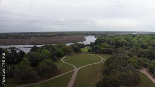 Wide panning aerial shot of historic Middleton Place Plantation along the Ashley River in low country South Carolina. 4K